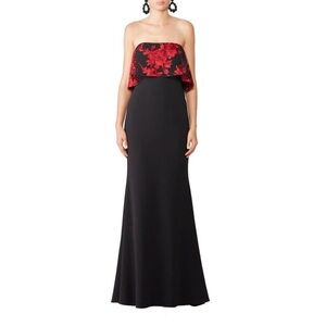 Badgley Mischka Strapless Black and Red floral popover dress